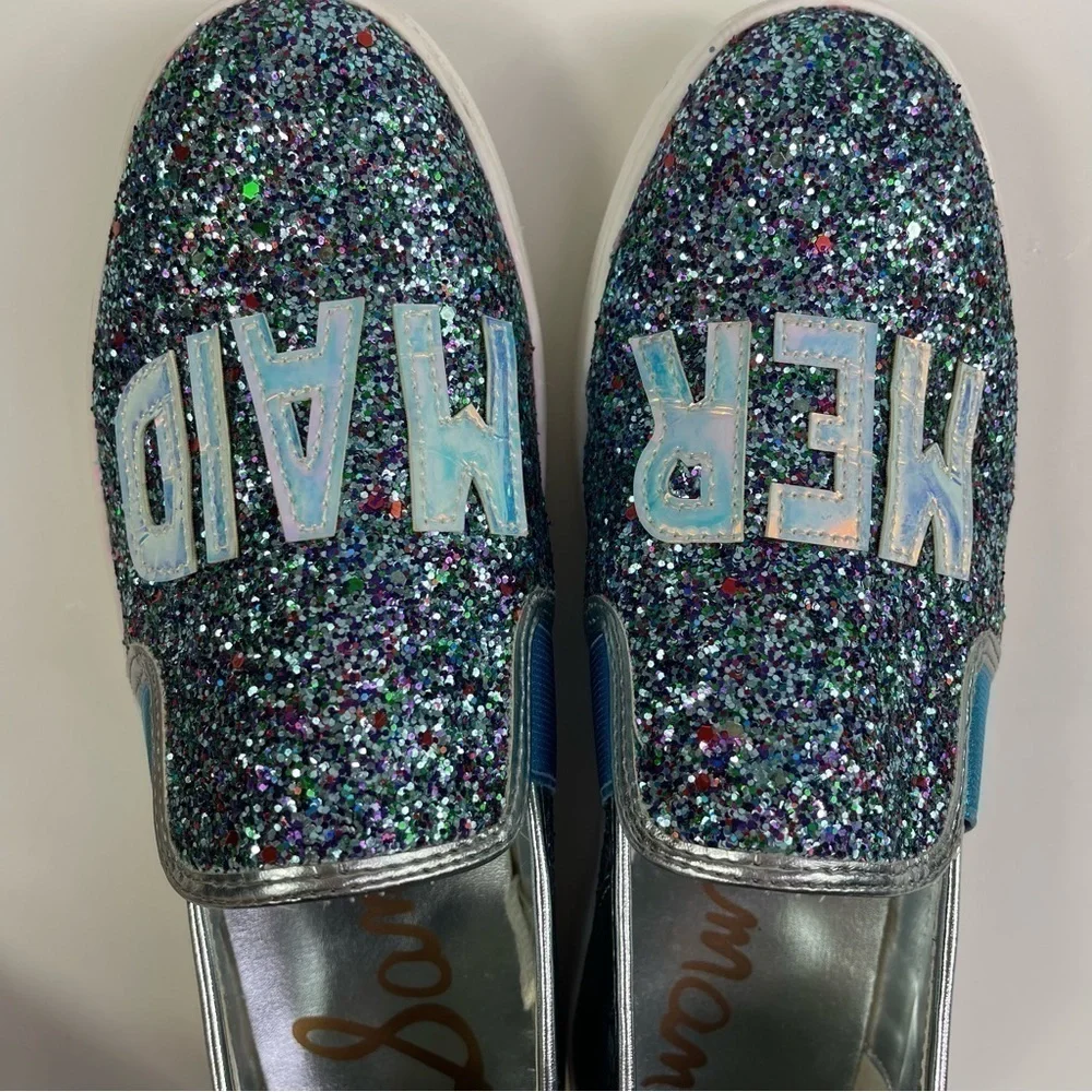 Sam Edelman Girls size 5 Slip on Sneaker Shoes Mermaid Blue Sparkle Glitter